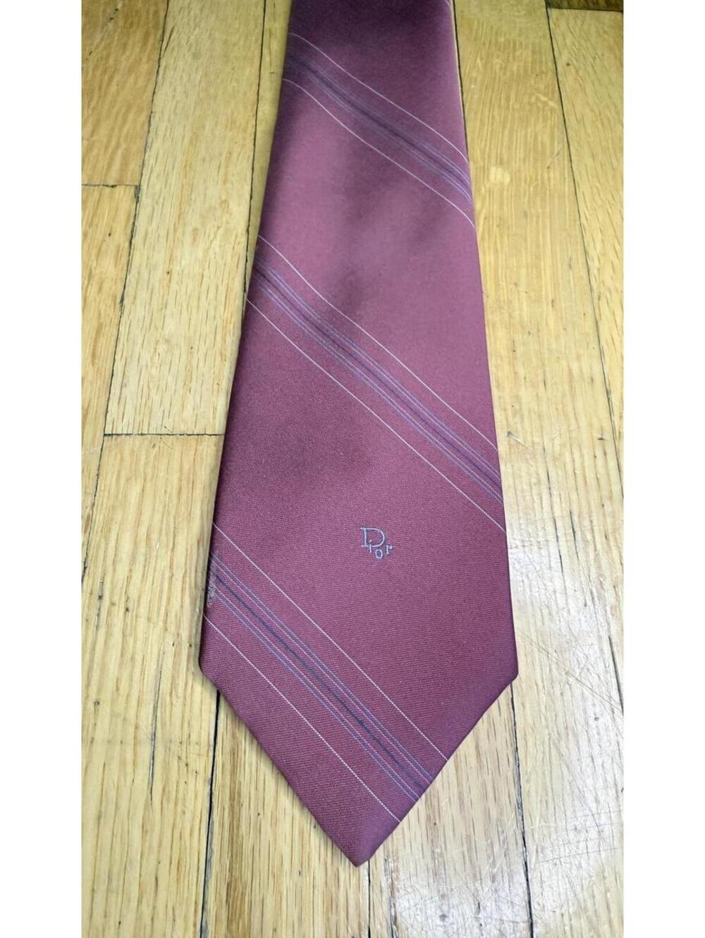 Vintage Christian Dior Necktie Burgundy Striped Logo Tie Italy 95% Poly 5% Silk